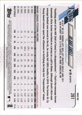 Back view of 2021 Topps #261 Blake Snell Tampa Bay Rays Baseball Card MLB Sports NM-MT