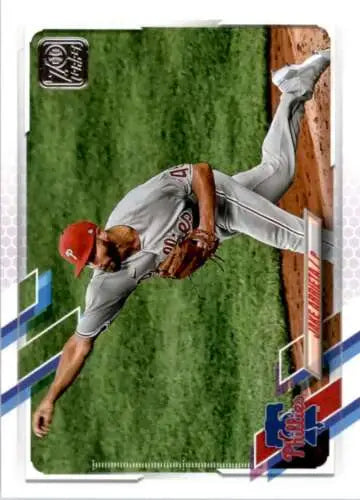 Baseball card of Jake Arrieta mid-pitch from 2021 Topps #317 NM-MT Phillies original gloss