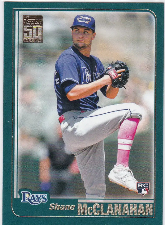 Baseball card of Shane McClanahan RC Tampa Bay Rays mid-windup from 2021 Topps Years Variation