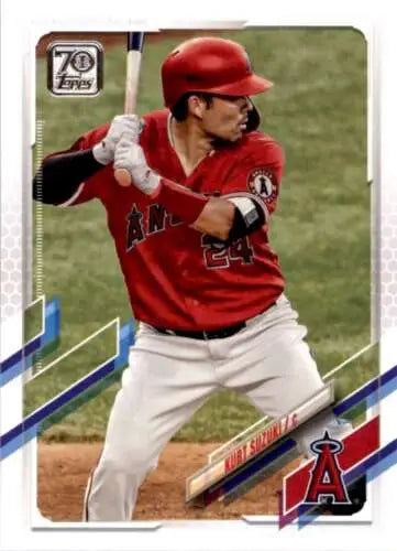 Baseball card of Kurt Suzuki from 2021 Topps featuring original gloss, Angels ID