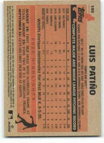 Baseball card back of 2021 Topps Archives #149 Luis Patino NM with original gloss finish