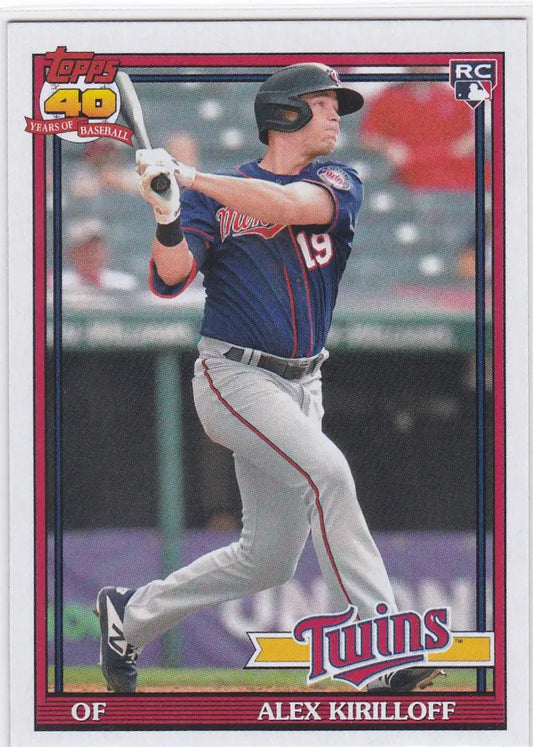 Baseball card of Alex Kirilloff mid-swing from 2021 Topps Archives RC Minnesota Twins