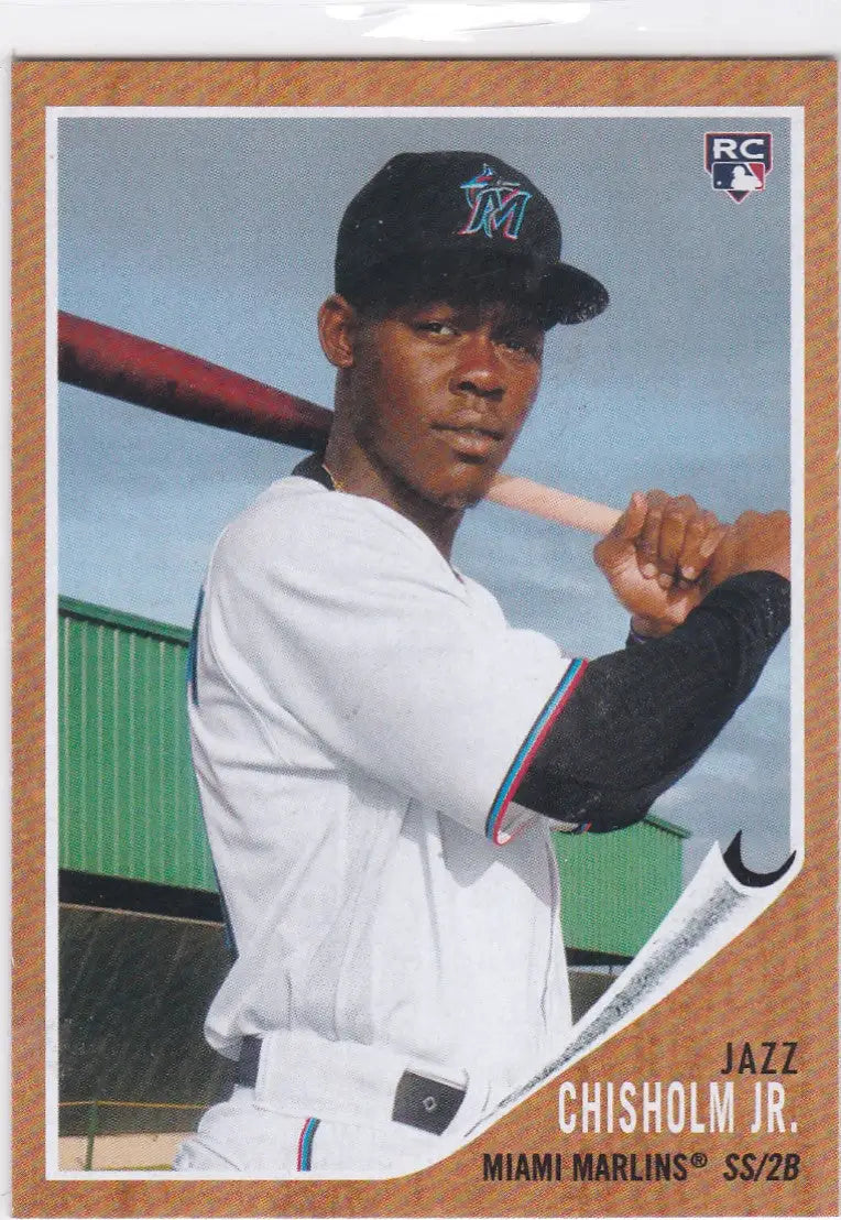 Baseball card of Jazz Chisholm Jr in batting stance for Miami Marlins Topps Archives