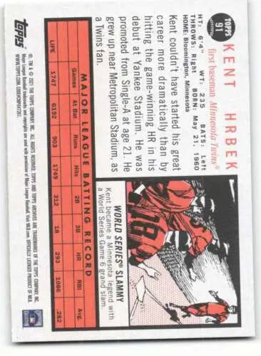 Baseball card back of 2021 Topps Archives #91 Kent Hrbek NM Near Mint Twins original gloss