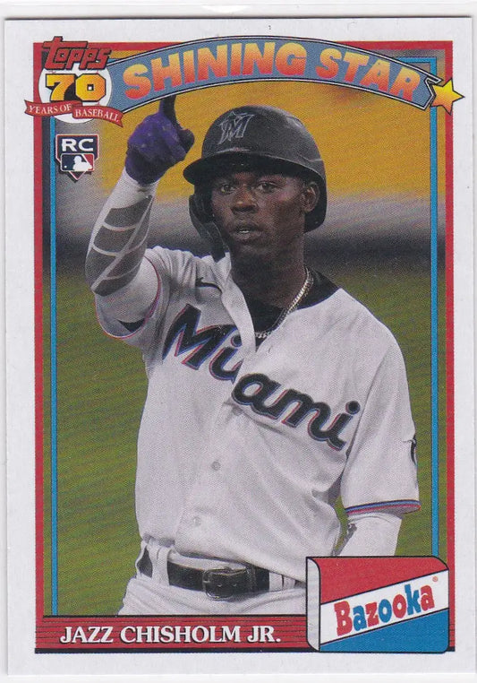 Baseball card of Jazz Chisholm Jr in white jersey from 2021 Topps Archives Bazooka RC Miami