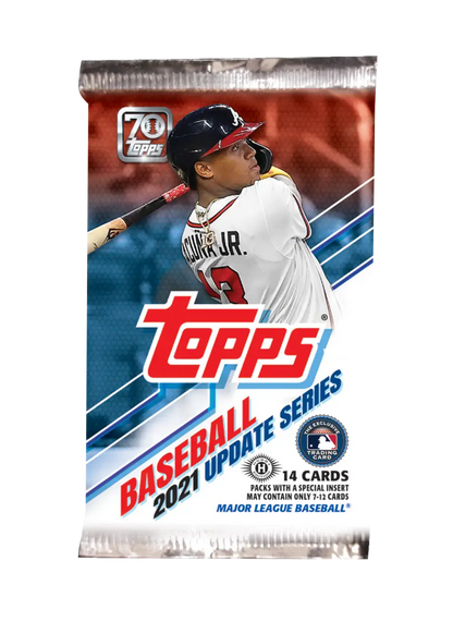 Unopened Topps 2021 Baseball Update Series pack with blue stripes on wrapper