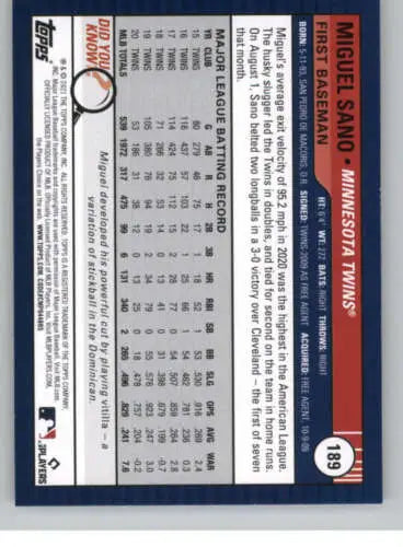 2021 Topps Big League #189 Miguel Sano NM-MT Twins baseball card with original gloss