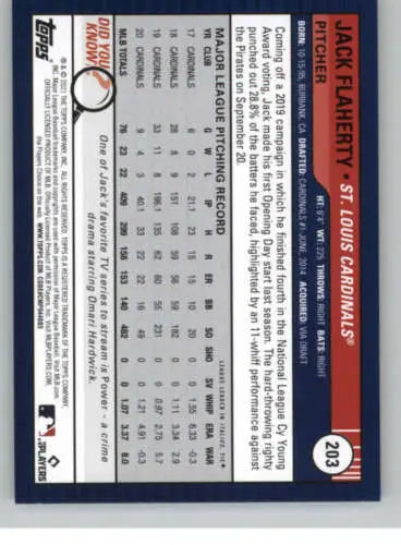 Jack Flaherty baseball card from 2021 Topps Big League with original gloss finish