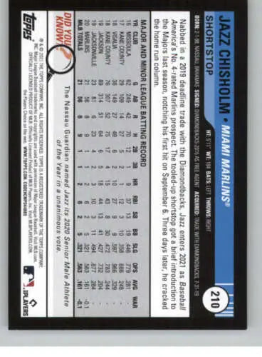 2021 Topps Big League #210 Jazz Chisholm NM-MT RC Rookie Marlins original gloss card