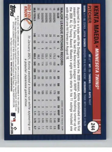 Back of 2021 Topps Big League #244 Kenta Maeda baseball card with original gloss finish