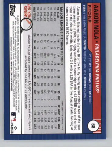 2021 Topps Big League #68 Aaron Nola baseball card with original gloss for Phillies fans