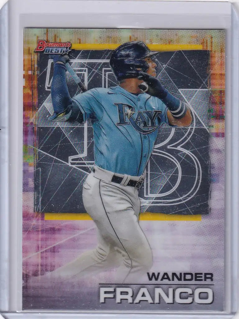 Baseball trading card of Wander Franco Tampa Bay Rays in light blue uniform mid-swing