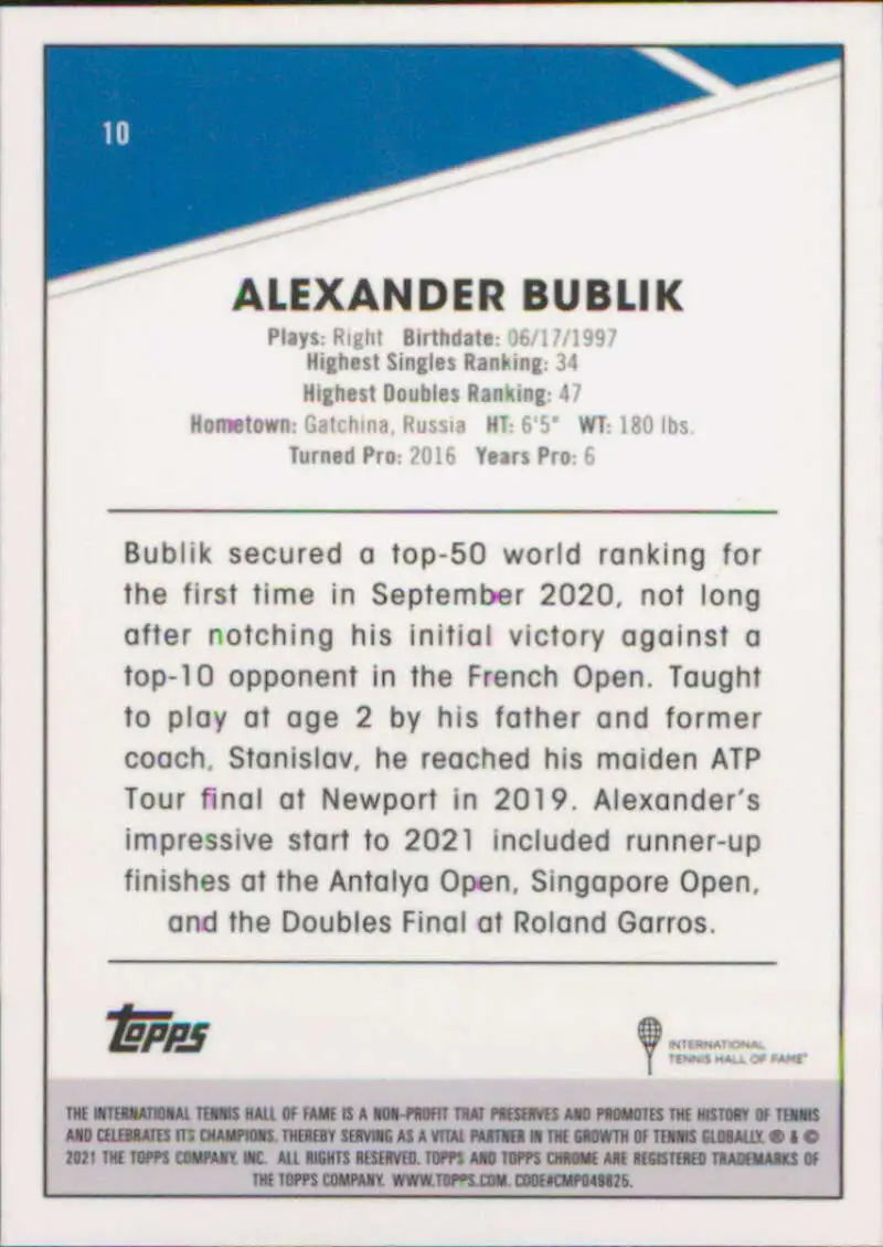 Topps Chrome card showcasing Alexander Bublik’s career statistics and achievements