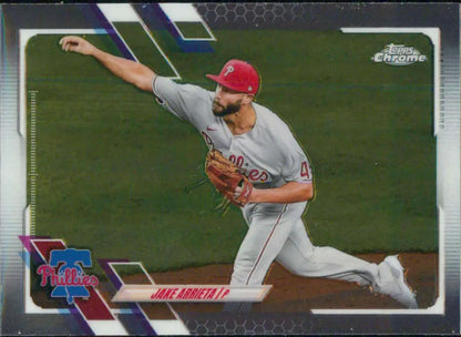 Jake Arrieta mid-pitch in gray Phillies uniform on 2021 Topps Chrome baseball card