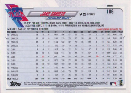 Back of 2021 Topps Chrome #106 Jake Arrieta card with pitching stats for Philadelphia Phillies