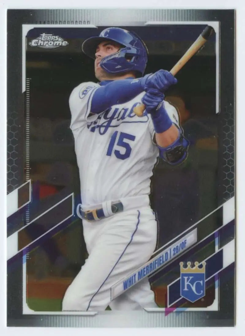 Whit Merrifield swinging bat in Kansas City Royals uniform on 2021 Topps Chrome card