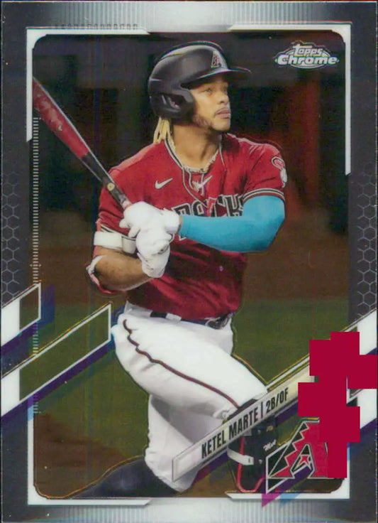 Baseball player in red Arizona Diamondbacks uniform swinging bat for Ketel Marte baseball card