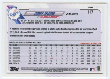 Back of 2021 Topps Chrome Corey Seager card with Los Angeles Dodgers stats and info