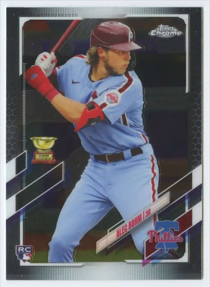 Alec Bohm batting in light blue uniform on 2021 Topps Chrome Philadelphia Phillies card