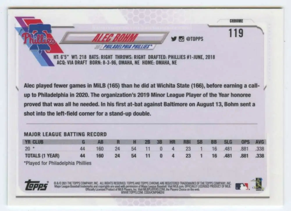 Alec Bohm 2021 Topps Chrome Rookie Baseball Card with MLB stats for Philadelphia Phillies