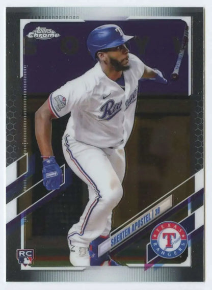 Sherten Apostel in Texas Rangers uniform batting on 2021 Topps Chrome Baseball Card