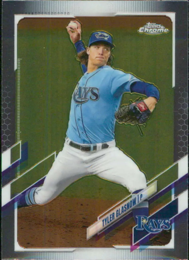 Tyler Glasnow pitches in a light blue Tampa Bay Rays jersey on Topps Chrome card