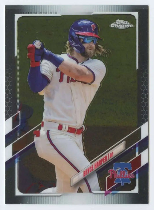 Bryce Harper Topps Chrome baseball card featuring Philadelphia Phillies batter in white uniform