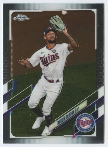 Byron Buxton leaping to catch a ball in a Topps Chrome Minnesota Twins Baseball Card