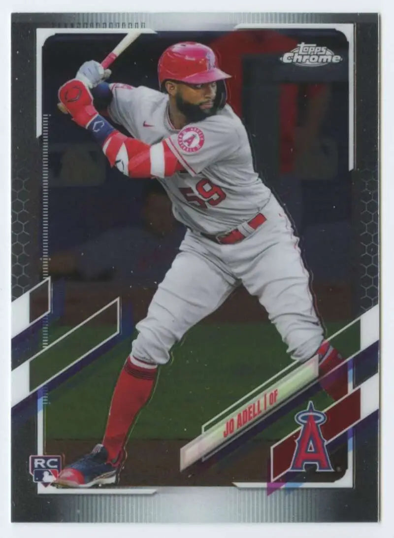 Baseball trading card of Los Angeles Angels player Jo Adell in gray uniform batting stance