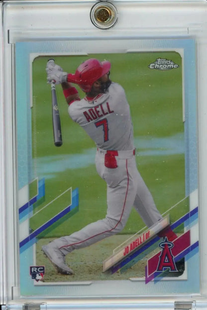 Chrome refractor baseball card of Jo Adell, California Angels, Topps Chrome #142