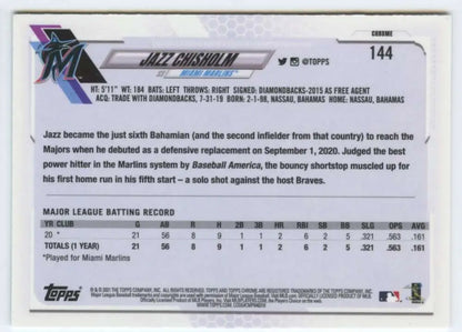 Baseball card featuring Jazz Chisholm’s MLB batting statistics from Topps Chrome