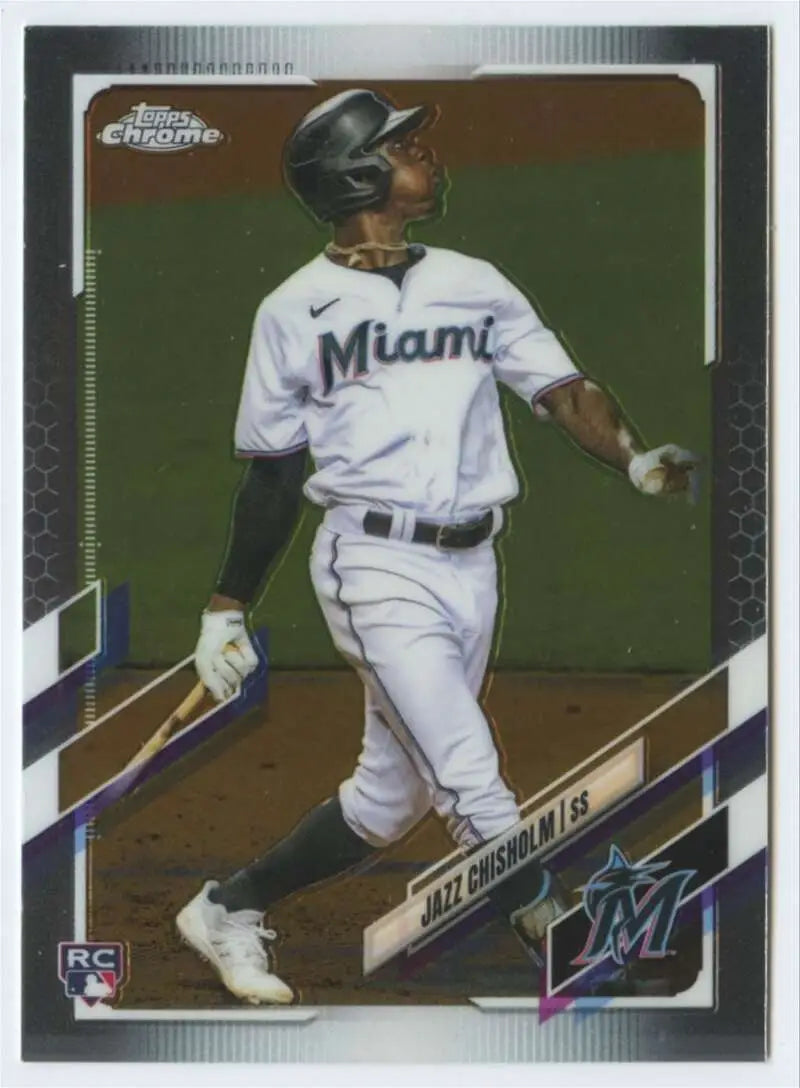 Baseball player in white Miami Marlins uniform swinging bat on Topps Chrome Jazz Chisholm card