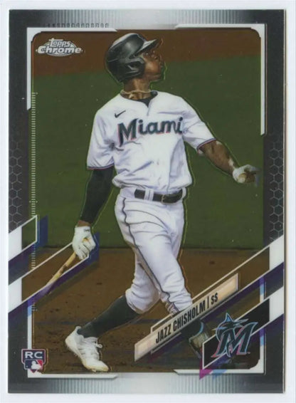 Baseball player in white Miami Marlins uniform swinging bat on Topps Chrome Jazz Chisholm card