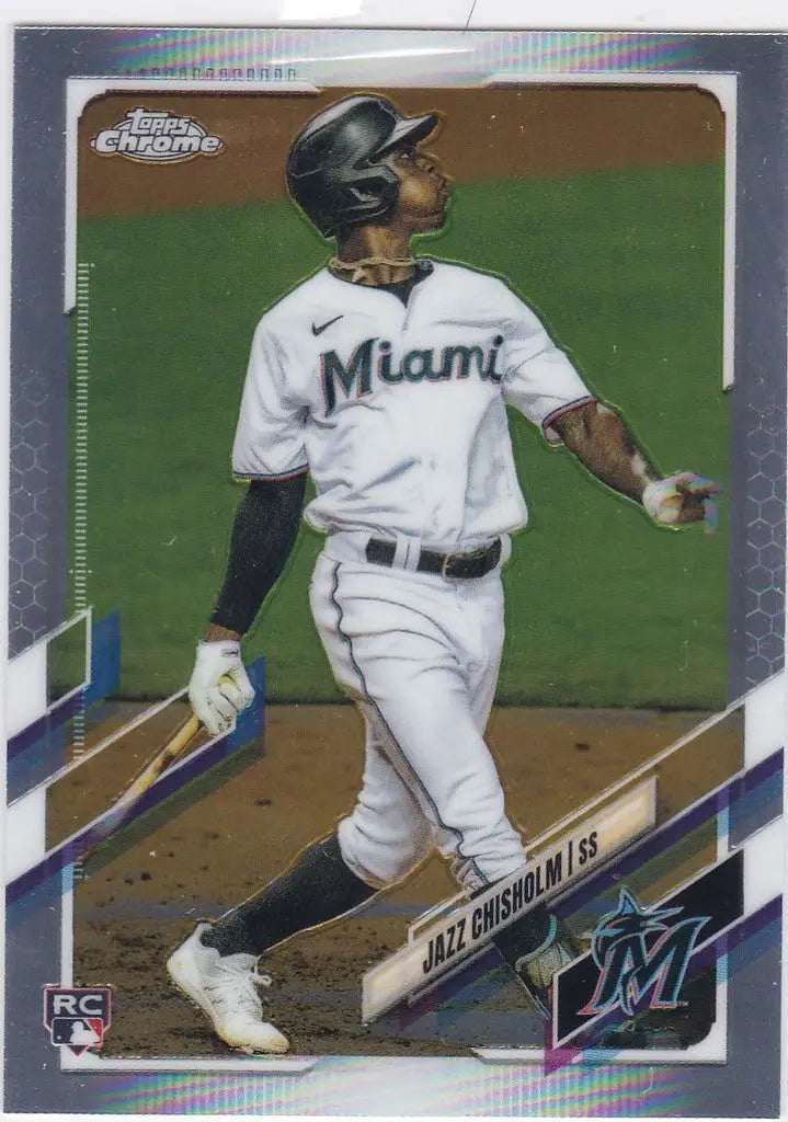 Baseball player in Miami Marlins uniform swinging bat for Topps Chrome trading cards