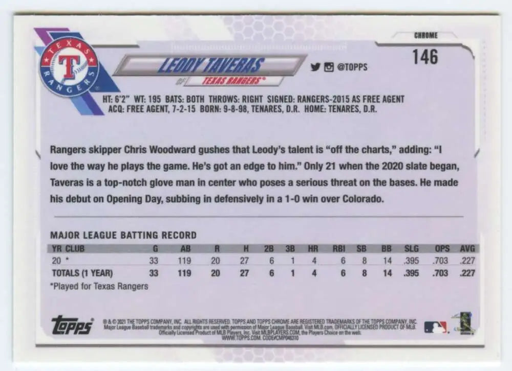 Baseball card featuring Leody Taveras statistics for Texas Rangers Topps Chrome series