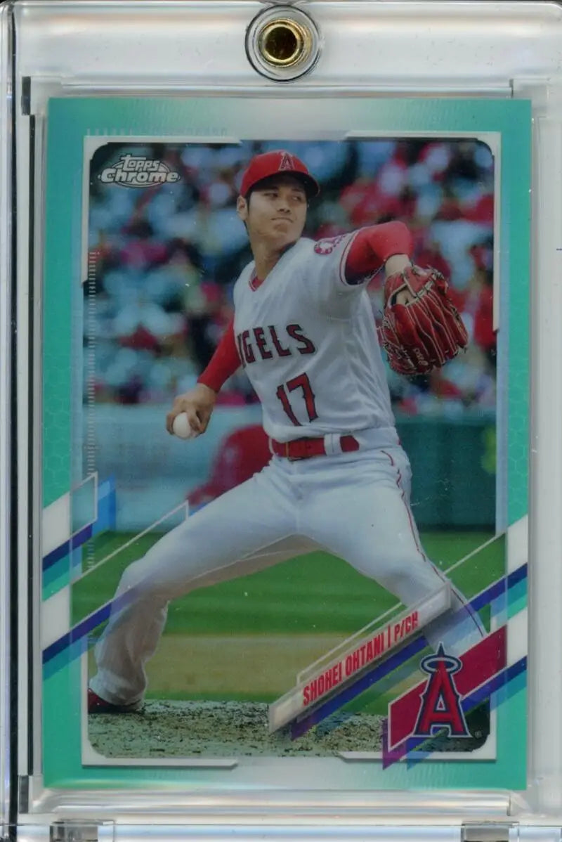 Baseball card of Shohei Ohtani in Anaheim Angels uniform from Topps Chrome 2021