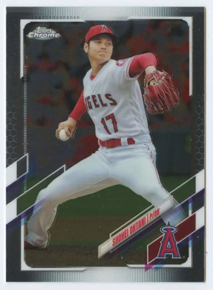 Baseball player in Angels #17 uniform mid-pitch on 2021 Topps Chrome card