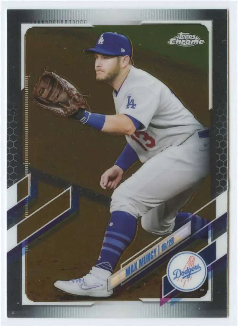 Max Muncy fielding in Los Angeles Dodgers road uniform on baseball card