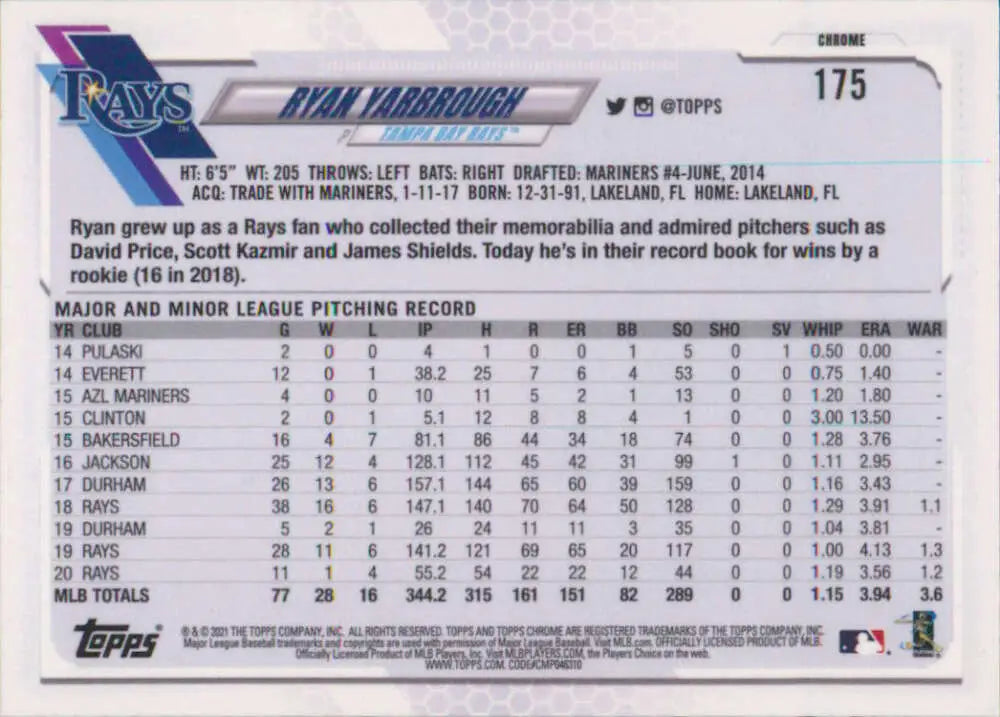 2021 Topps Chrome #175 Ryan Yarbrough Baseball Card featuring Tampa Bay Rays pitching stats