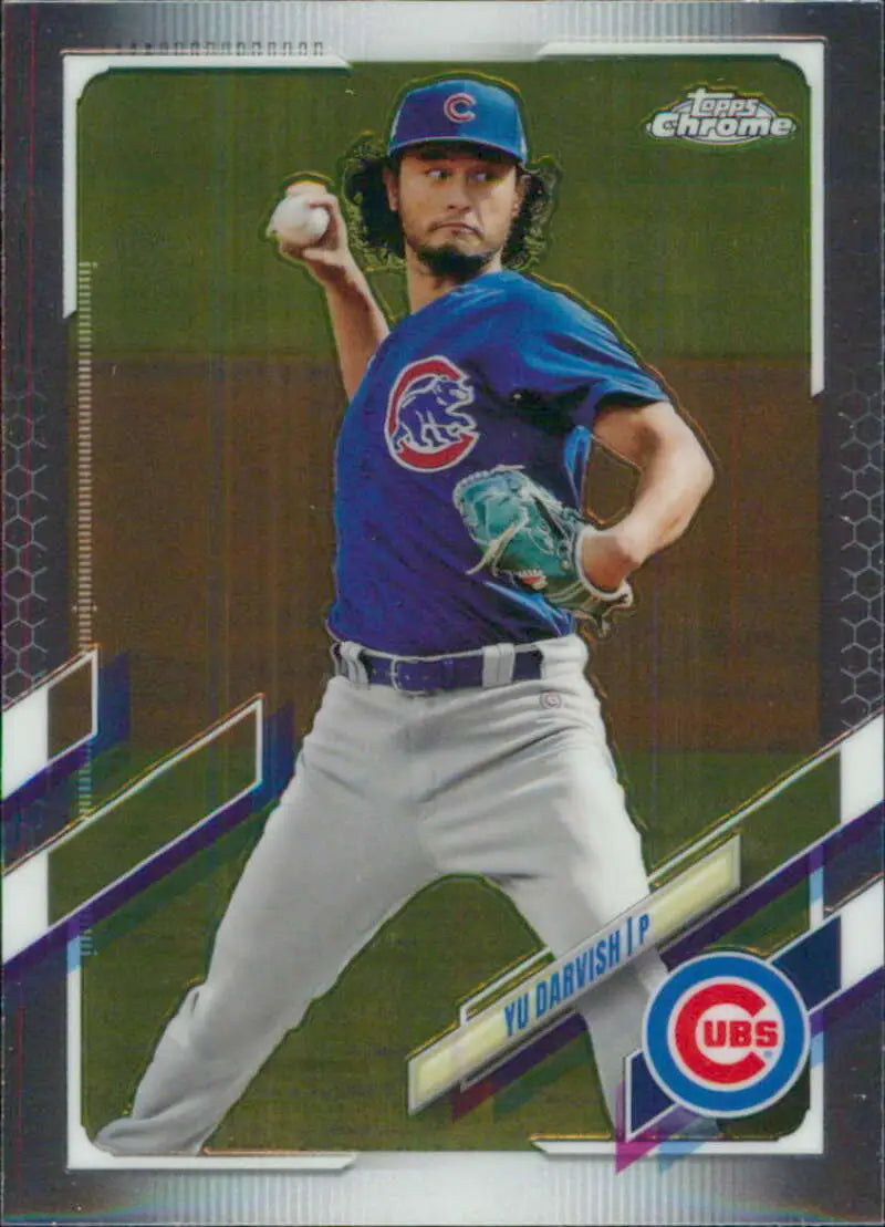 Chicago Cubs player Yu Darvish in pitching stance on 2021 Topps Chrome baseball card