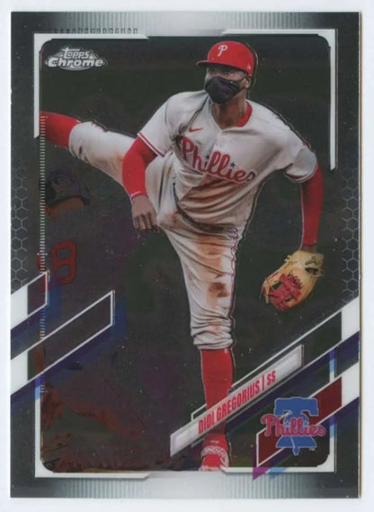 Didi Gregorius mid-pitch in Philadelphia Phillies uniform on Topps Chrome trading card