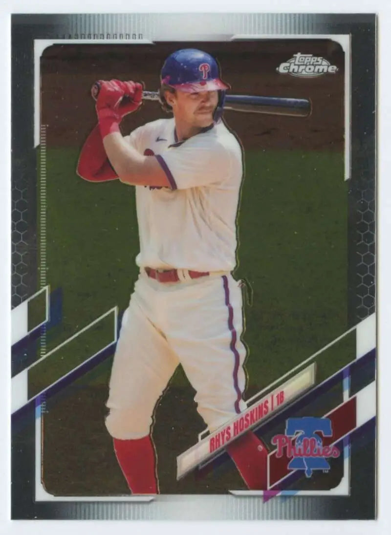 Rhys Hoskins in a batting stance wearing Philadelphia Phillies white uniform Topps Chrome card