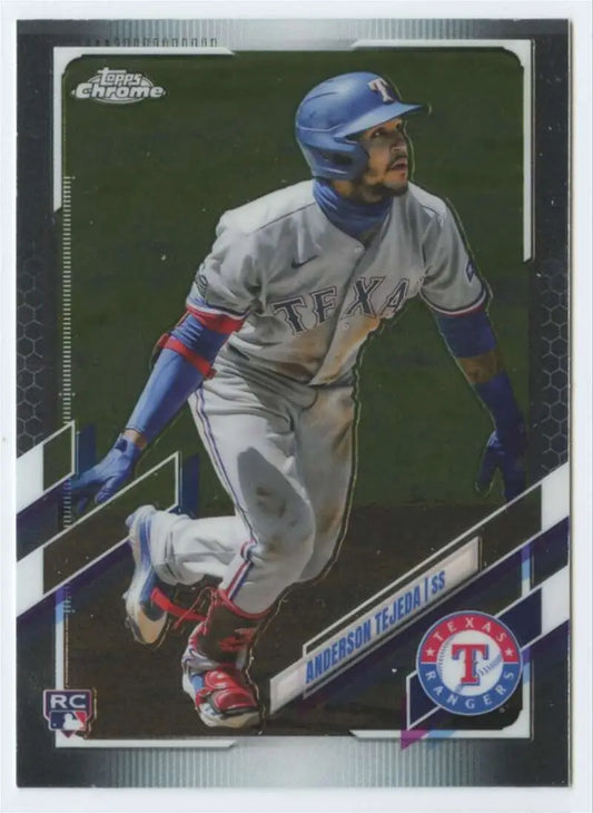 Anderson Tejeda running to first base on 2021 Topps Chrome Texas Rangers rookie card