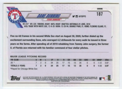 Back of 2021 Topps Chrome #187 Dane Dunning Texas Rangers Baseball Card showing stats