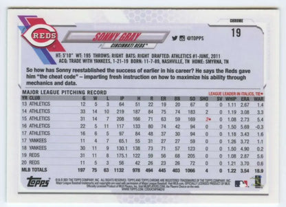 Back of 2021 Topps Chrome Sonny Gray Cincinnati Reds Baseball Card showing statistics