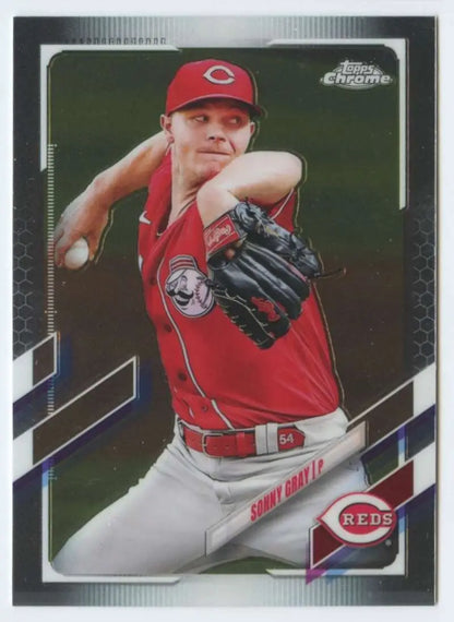 Baseball card of Sonny Gray throwing in red uniform for Cincinnati Reds