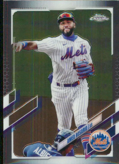 Amed Rosario making a throwing motion on a Topps Chrome baseball card