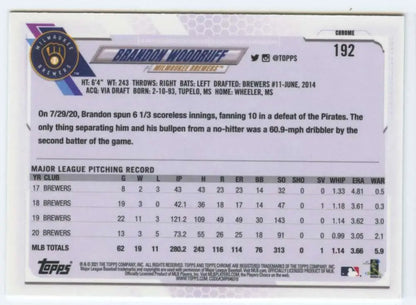 Back of 2021 Topps Chrome #192 Brandon Woodruff card showing pitching stats for Milwaukee Brewers