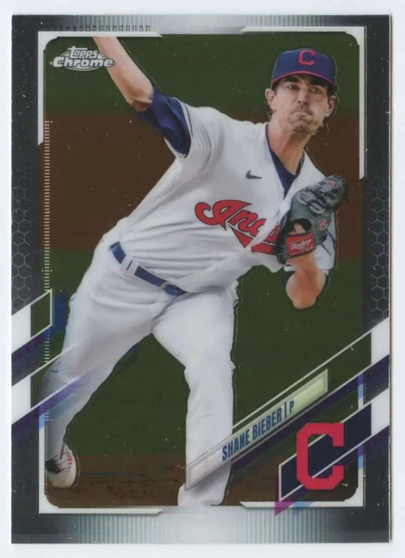 Shane Bieber in Cleveland Indians uniform throwing a pitch on Topps Chrome card