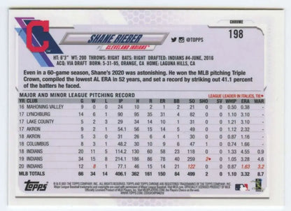 Shane Bieber Topps Chrome card featuring Cleveland Indians pitching stats and info